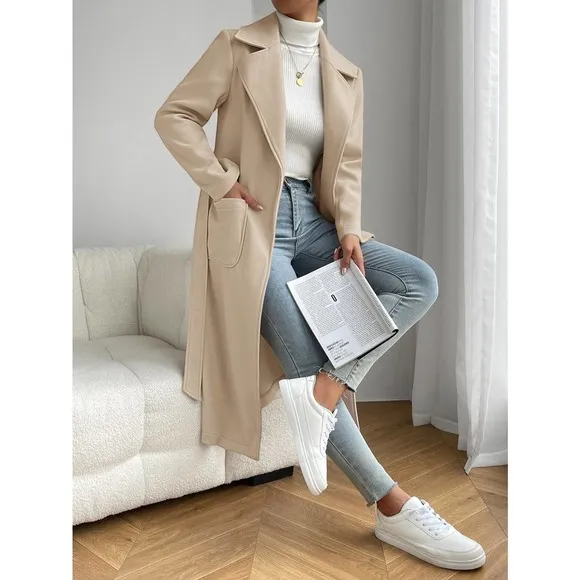 minimalist preppy Lapel Neck Belted Overcoat peacoat pea coat