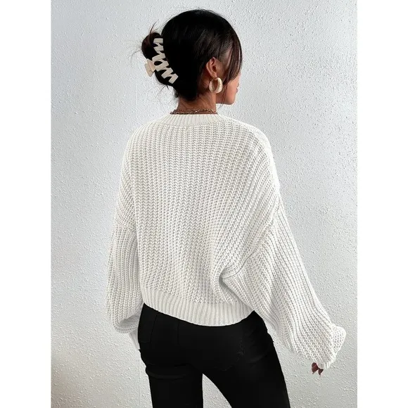 Minimalist Ribbed Knit Drop Shoulder Sweater hot pink
