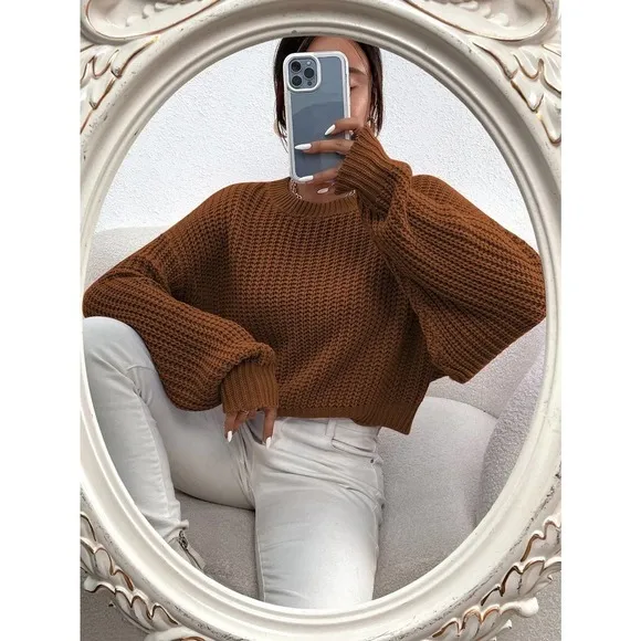 Minimalist Ribbed Knit Drop Shoulder Sweater tan