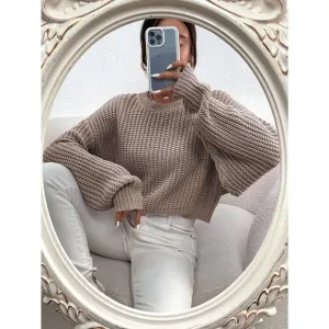 Minimalist Ribbed Knit Drop Shoulder Sweater tan