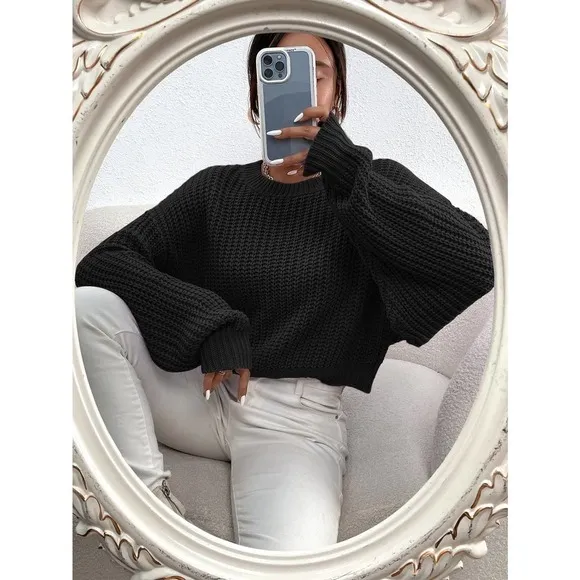 Minimalist Ribbed Knit Drop Shoulder Sweater tan