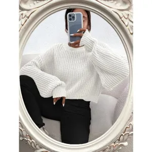 Minimalist Ribbed Knit Drop Shoulder Sweater white