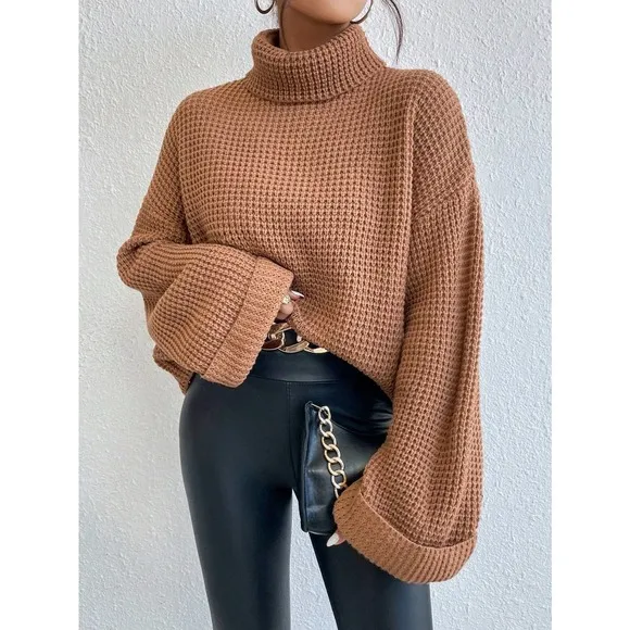 minimalist Turtleneck Waffle Knit Sweater oversized