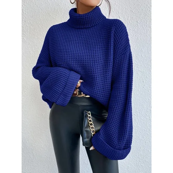 minimalist Turtleneck Waffle Knit Sweater oversized