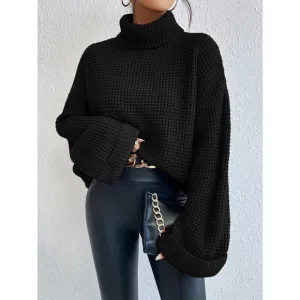 minimalist Turtleneck Waffle Knit Sweater oversized