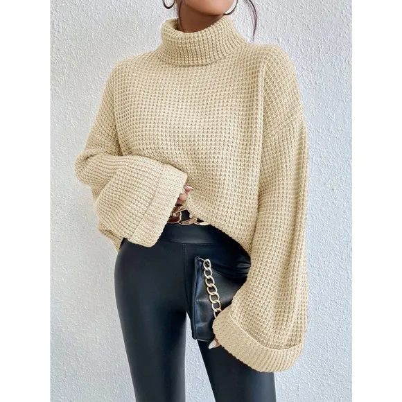 minimalist Turtleneck Waffle Knit Sweater oversized