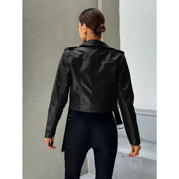 minimalist y2k baddie Zip Up Belted vegan leather Moto Jacket