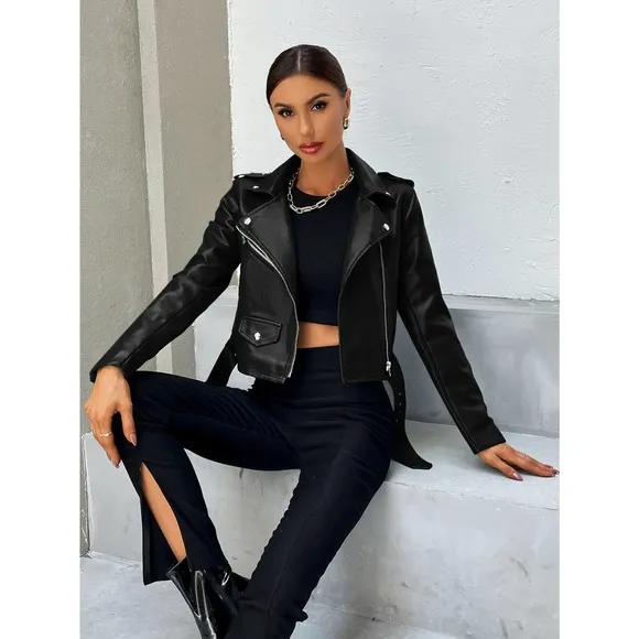 minimalist y2k baddie Zip Up Belted vegan leather Moto Jacket