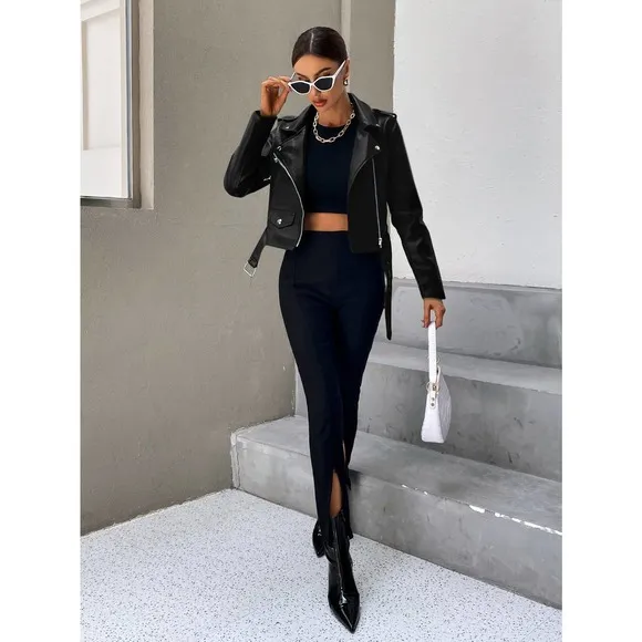 minimalist y2k baddie Zip Up Belted vegan leather Moto Jacket