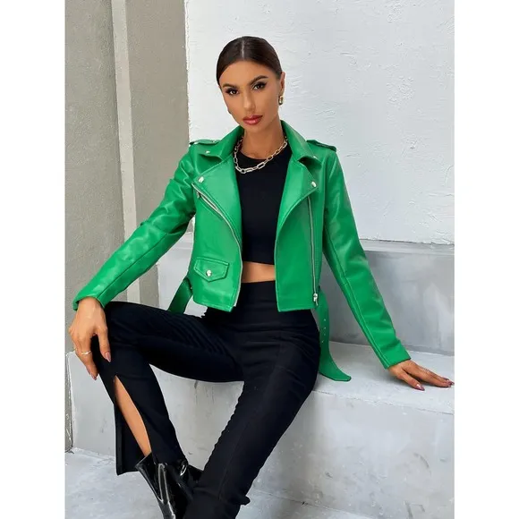 minimalist y2k baddie Zip Up Belted vegan leather Moto Jacket