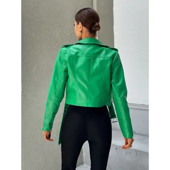 minimalist y2k baddie Zip Up Belted vegan leather Moto Jacket