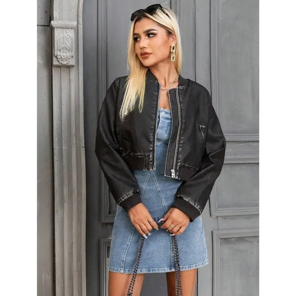 Minimalist Zip Up Bomber Jacket black