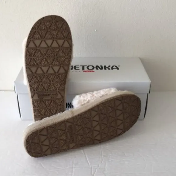 MINNETONKA Moonflower Slide Slippers Cozy Faux Fur Cream Sz.8
