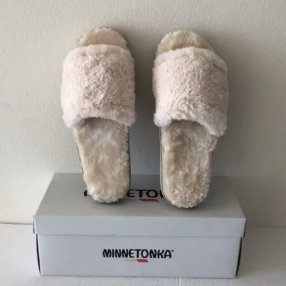 MINNETONKA Moonflower Slide Slippers Cozy Faux Fur Cream Sz.8