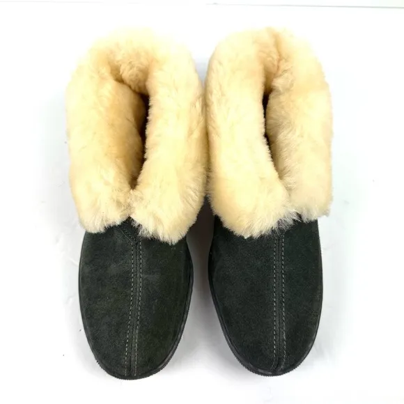 Minnetonka Slippers 10 Womens Gray Sheepskin Suede Bootie Slip On Mens 8