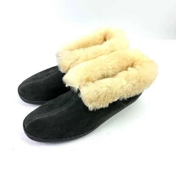 Minnetonka Slippers 10 Womens Gray Sheepskin Suede Bootie Slip On Mens 8