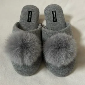 Minnie Rose Fox Fur Pom-Pom Cashmere slippers grey!