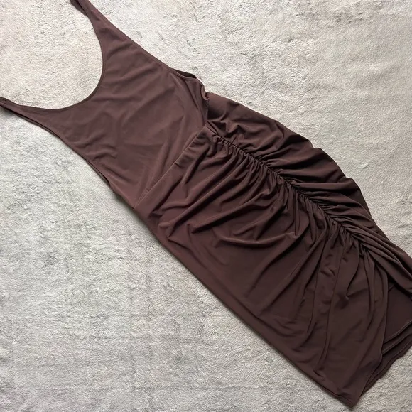 Mistress Rocks Sleeveless Ruched Bodycon Minimalist Tank Dress Chocolate Brown
