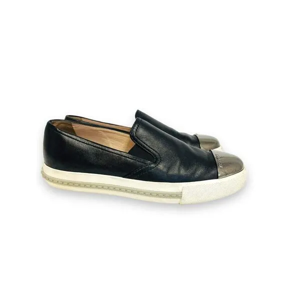 MIU MIU Black Leather Logo Metal Slip On Cap Toe Sneakers Shoes Size EU 36 US 6