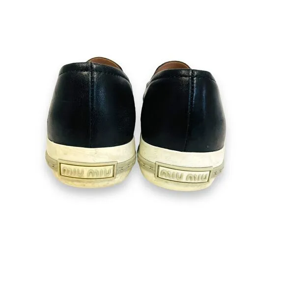 MIU MIU Black Leather Logo Metal Slip On Cap Toe Sneakers Shoes Size EU 36 US 6
