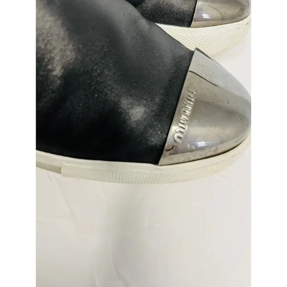 MIU MIU Black Leather Logo Metal Slip On Cap Toe Sneakers Shoes Size EU 36 US 6