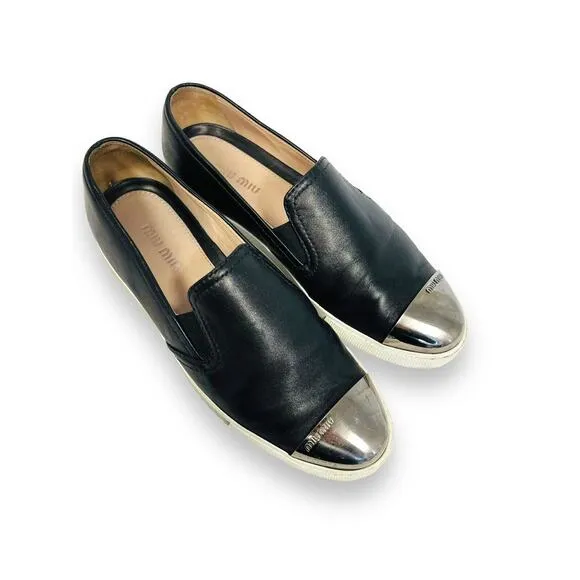 MIU MIU Black Leather Logo Metal Slip On Cap Toe Sneakers Shoes Size EU 36 US 6