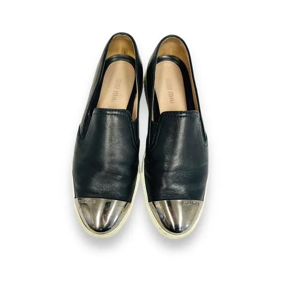 MIU MIU Black Leather Logo Metal Slip On Cap Toe Sneakers Shoes Size EU 36 US 6