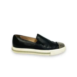 MIU MIU Black Leather Logo Metal Slip On Cap Toe Sneakers Shoes Size EU 36 US 6