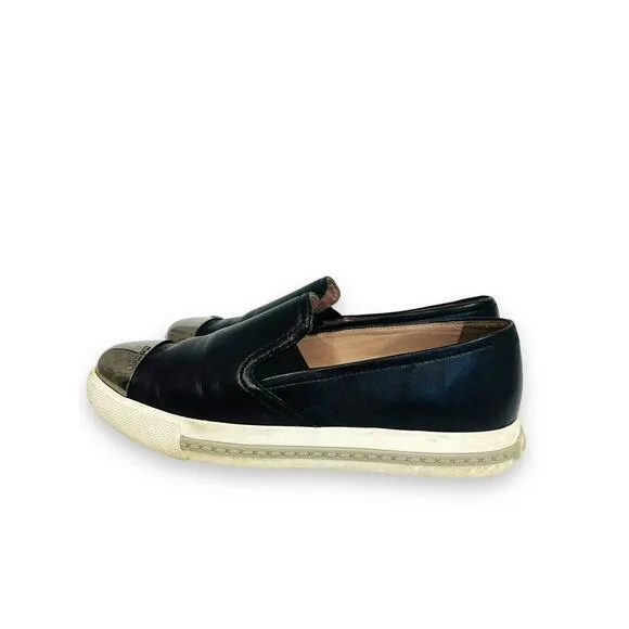MIU MIU Black Leather Logo Metal Slip On Cap Toe Sneakers Shoes Size EU 36 US 6