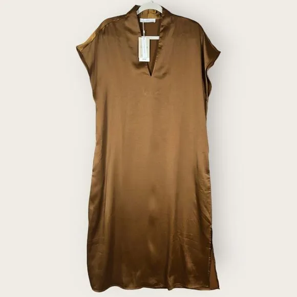MNG Mango Dress Womens 6 Satin Shift Brown Boxy Oversized Minimalist Kaftan