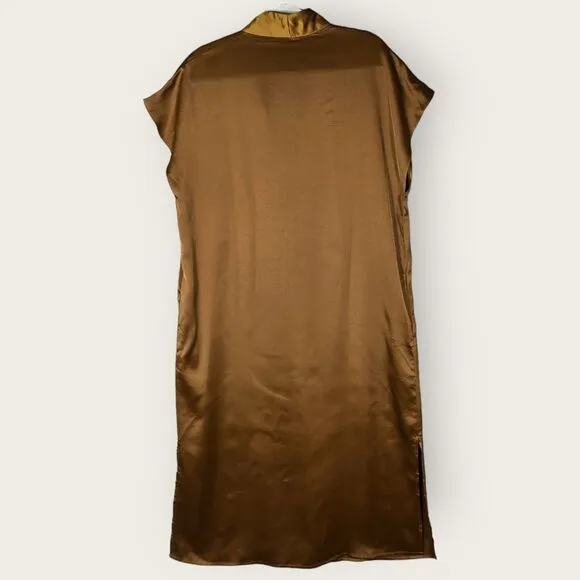 MNG Mango Dress Womens 6 Satin Shift Brown Boxy Oversized Minimalist Kaftan