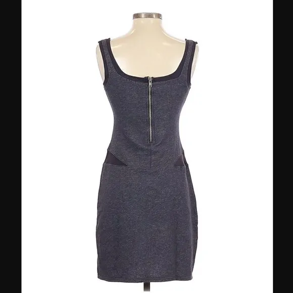 Monrow Dress S Scoop Neck Bodycon Mesh Insert Blue Luxury Party Trip Thick Knit