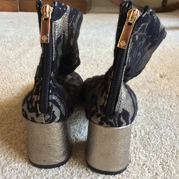 Nanette Lepore Rose Pewter Brocade Heeled Bootie Square Toe
