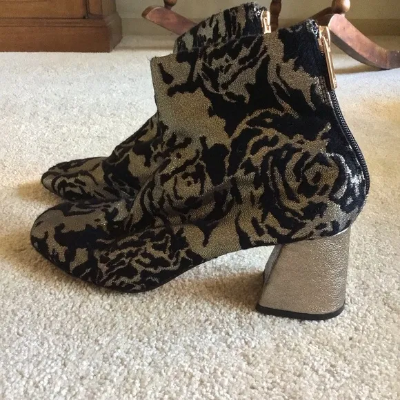 Nanette Lepore Rose Pewter Brocade Heeled Bootie Square Toe