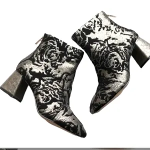 Nanette Lepore Rose Pewter Brocade Heeled Bootie Square Toe