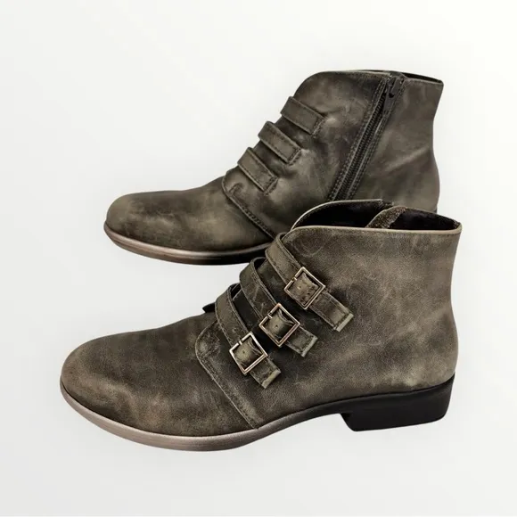 NAOT Leather Boots Women's 7 Calima Black Gray Calima Ankle Booties Multi-Buckle