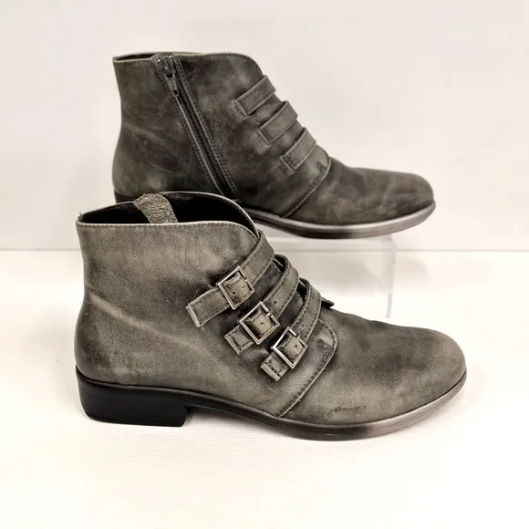 NAOT Leather Boots Women's 7 Calima Black Gray Calima Ankle Booties Multi-Buckle