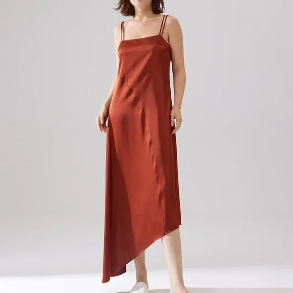 Nap Asymmetrical Hem Square Neckline Satin Slip Dress Gray M leisure luxury