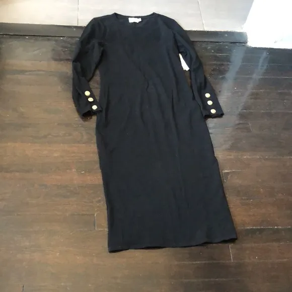 Nation LTD Theo black midi   dress gold buttons classic minimalist casual M NWT