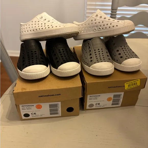 Native Kids Shoes - Jefferson in White, Black, and Gray lot of 3 pair! Size 6