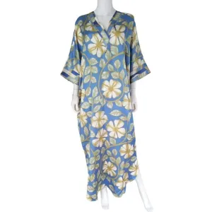 Natori Luxury Caftan Silky Satin Lounge Dress Blue Green Floral One Size Vintage