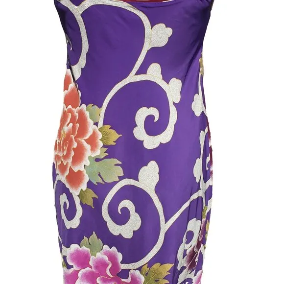Natori Samarkand Nightgown Purple Satin Floral Adjustable Straps Midi Small