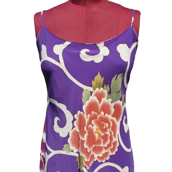 Natori Samarkand Nightgown Purple Satin Floral Adjustable Straps Midi Small