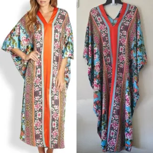 Natori Women's Large Floral Satin Kaftan Sleepwear Leisure Luxury Intimate Cozy