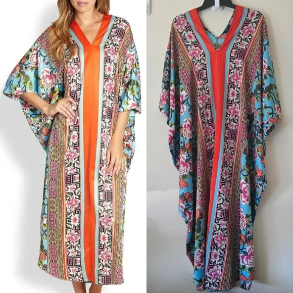 Natori Women's Large Floral Satin Kaftan Sleepwear Leisure Luxury Intimate Cozy