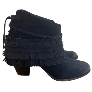 Naughty Monkey In Lyne Fringe Ankle Boots Indigo Suede Leather Women's Size 8