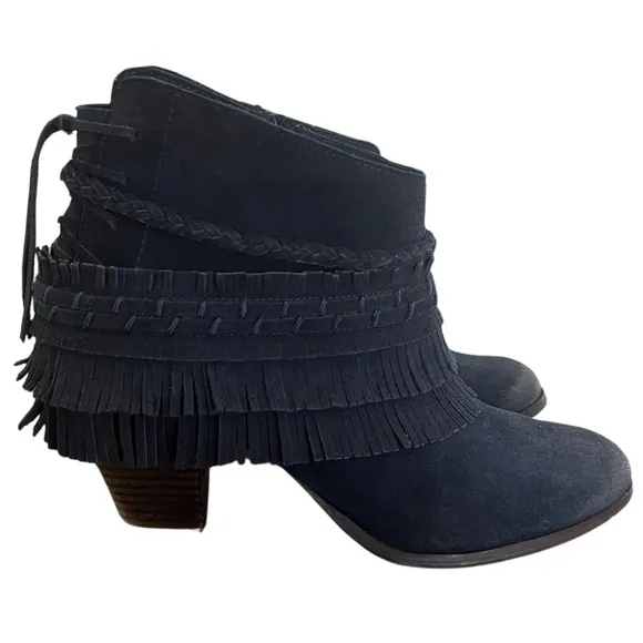 Naughty Monkey In Lyne Fringe Ankle Boots Indigo Suede Leather Women's Size 8