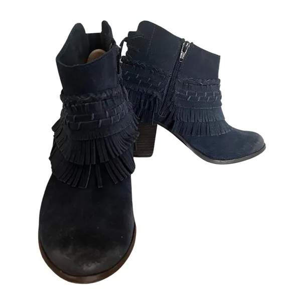 Naughty Monkey In Lyne Fringe Ankle Boots Indigo Suede Leather Women's Size 8