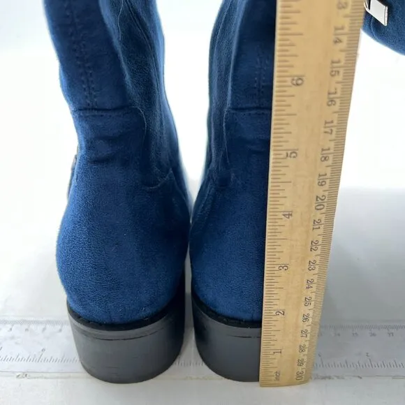Navy Women Almond Toe Knee High Boots with Partial Zipper Warm Dressy Long Boot