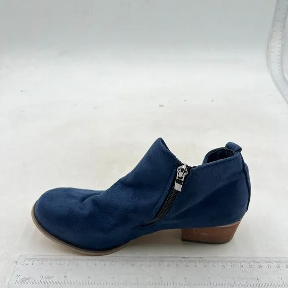 Navy Women Round Toe Ankle Boots Chunky Low Heel Side Zippers Chelsea Booties
